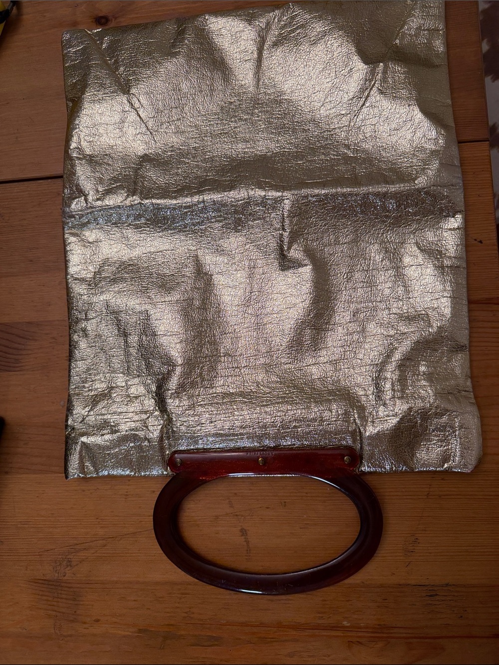 Metallic Gold Tote Bag with Oval Wood Handles 1970’s